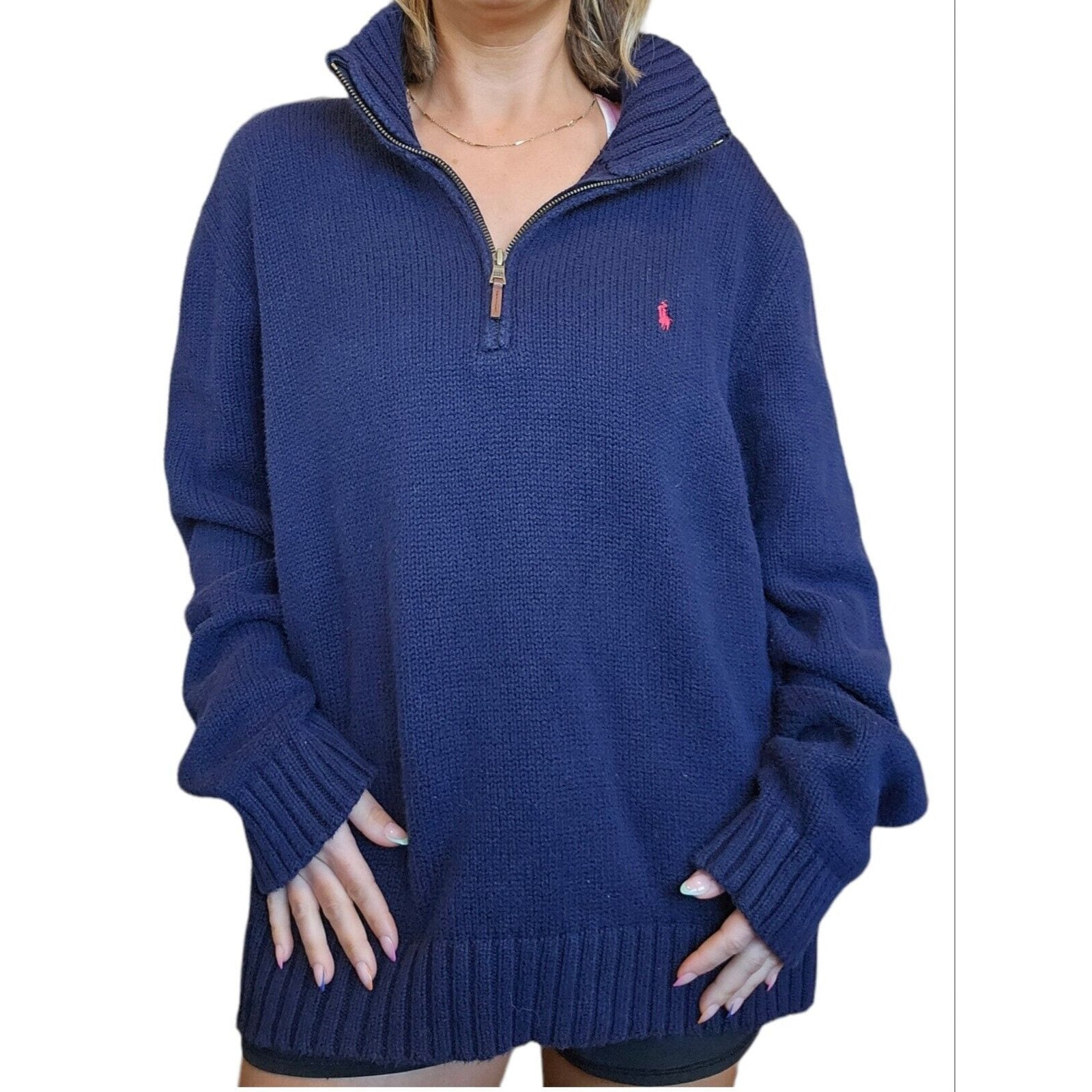 90s Polo Ralph Lauren XL Navy Blue Knit Quarter Zip Pullover 90s Polo Ralph Lauren XL Navy Blue Knit Quarter Zip Pullover