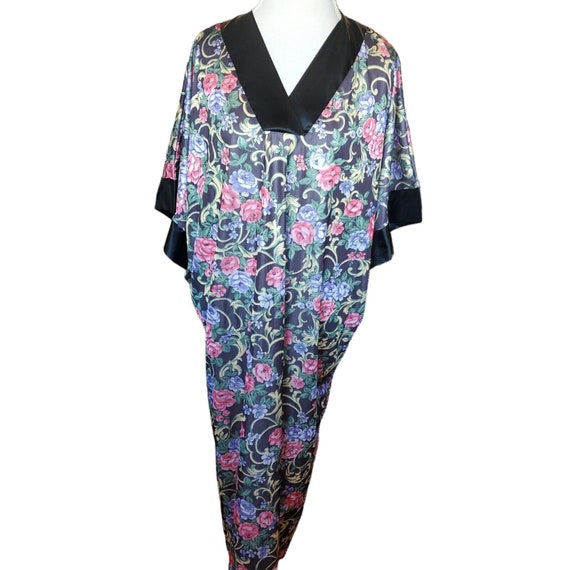 Vintage Black Floral Brocade Muumuu Kaftan Roses … - image 1