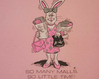Vintage 80s Pink Shopping Graphic T-shirt Paper Thin Shopaholic Single Stitch LG
