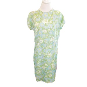 Vintage 1950s 60s Floral Day Dress Watercolor Blue Green Lined Handmade Knee Length Size XL