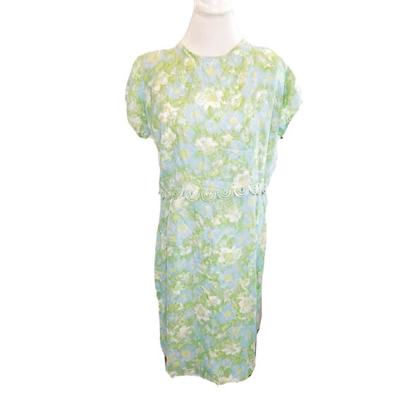 Vintage 1950s 60s Floral Day Dress Watercolor Blu… - image 1