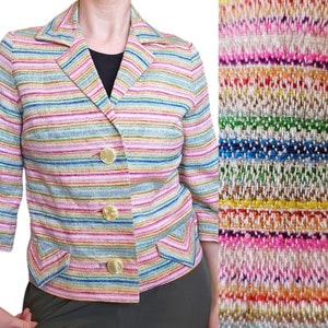 Vintage 60s 70s Rainbow Striped Blazer Jacket Small Big Buttons Colorful Pink Multi-color Spring Statement