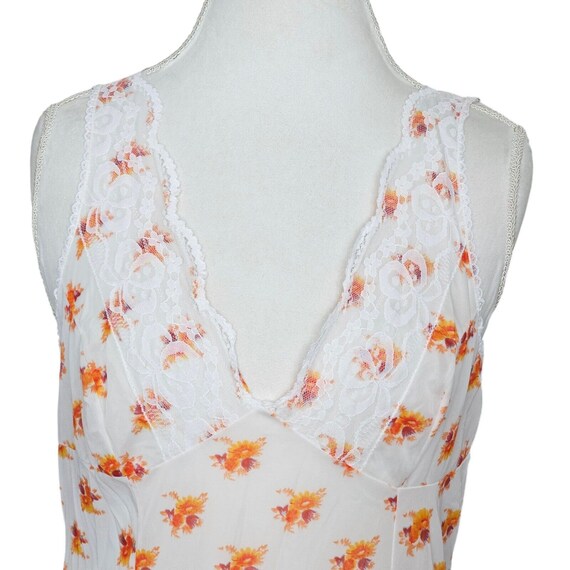 VTG Sheer White Orange Floral Full Slip Sz M Lace… - image 4