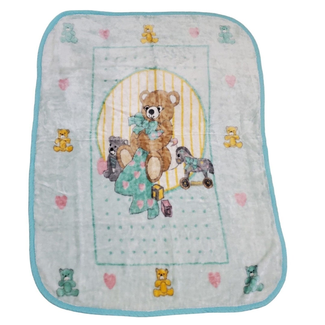 Vintage Novatex Baby Blanket Teddy Bear Rocking Horse Green Etsy