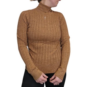 90s Y2K Rust Gold Sparkle Ribbed Stretchy Turtleneck Sweater Tan Brown M/L