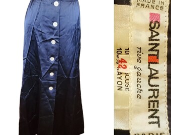 60s Yves Saint Laurent Rive Gauche Navy Satin Button Down Maxi Skirt Small 4 6