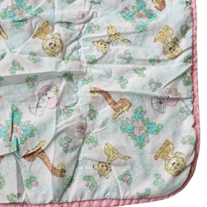 VTG Precious Moments Animal Baby Quilt Blanket Flowers Pink Flannel Back 31x41