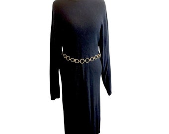 Vintage 90s Black Modest Midi Dress Ribbed Lambswool Fuzzy Angora Longsleeve Medium