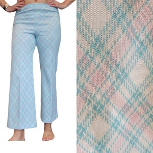 Vintage 70s Pastel Blue Pink Plaid Polyester Cropped Flare Pants Trousers Pullon Medium 8 10
