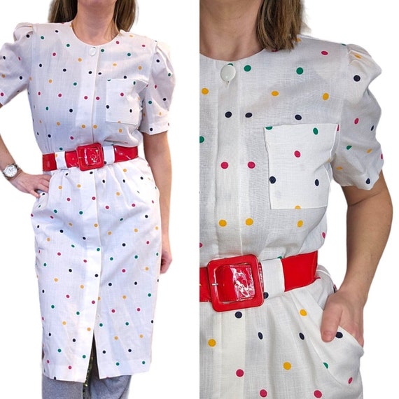 Vintage 90s S Multicolor Polka Dot Shirt Dress Belted