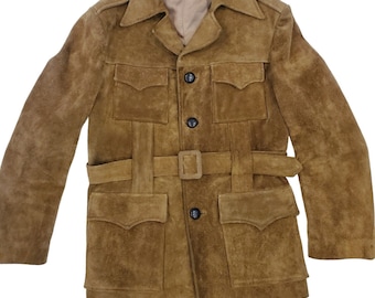 Vintage 70s Mens Heavy Suede Utility Coat Belted Trench Pockets Brown Sz Small