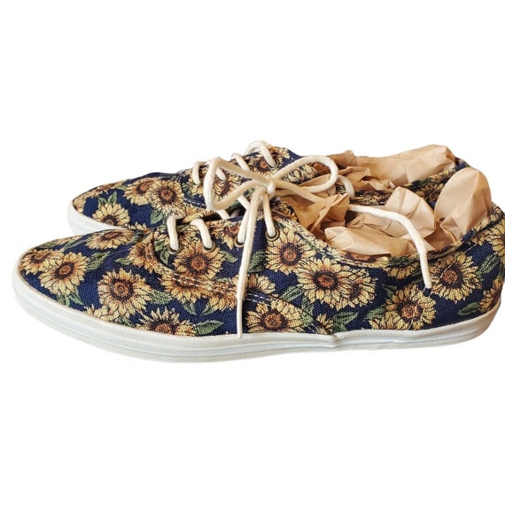 Vintage Keds Size 8 Sunflower Print Navy Blue Lac… - image 4