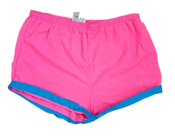 80s Mens Neon Pink Swim Trunks REALLY SHORT Liner Stretched Sz L 36 to 41" Waist
