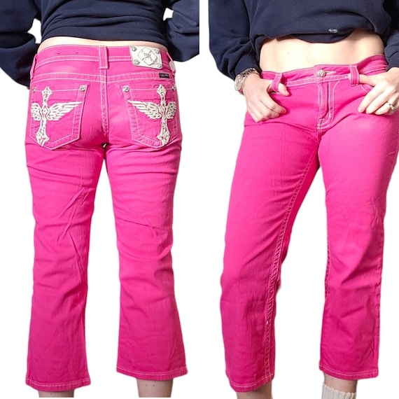 Y2K Miss Me Sz 8 Pink Denim Cropped Jeans Low Ris… - image 1