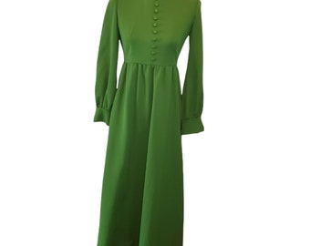 Vintage 60s 70s Womens Small Empire Waist Dress Floor Length Kelly Green