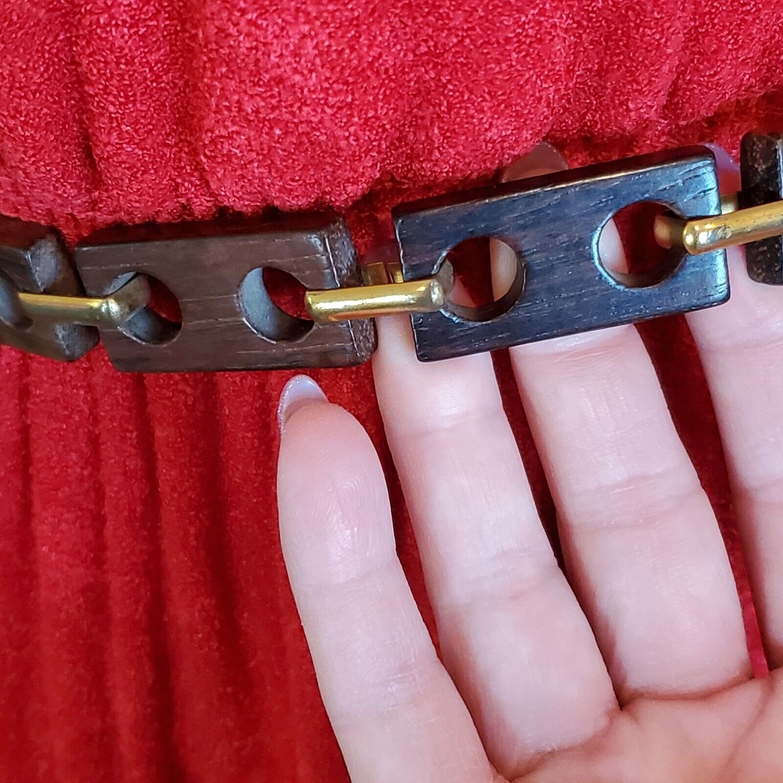 Vintage 80s Faux Wood Link Waist Belt Brown Boho Geometric  display picture 1