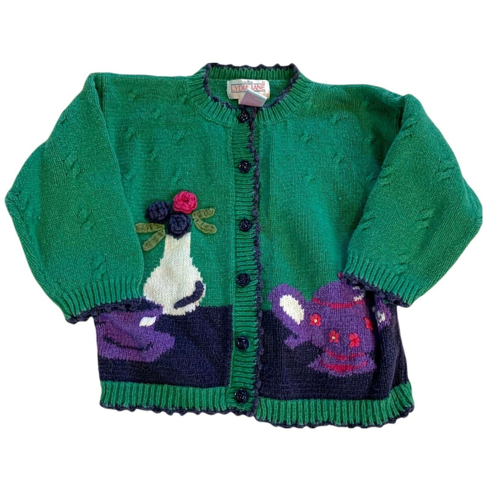 Vintage 90s Girls Sz 4 Tea Time Cardigan Sweater Green Purple