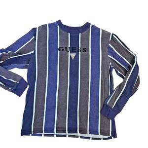 Retro Mens Guess Shirt Striped Faded Spellout Longsleeve Sz S M Blue Gray