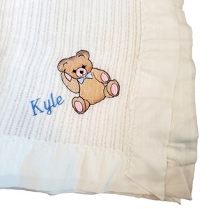 Vintage Beacon White Waffle Weave Baby Blanket Nylon Trim Teddy Bear Kyle 50x33