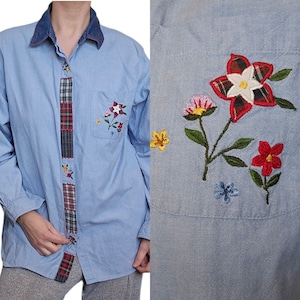 90s Thin Denim Jean Button Down Shirt Longsleeve Embroidered Flowers Plaid Large