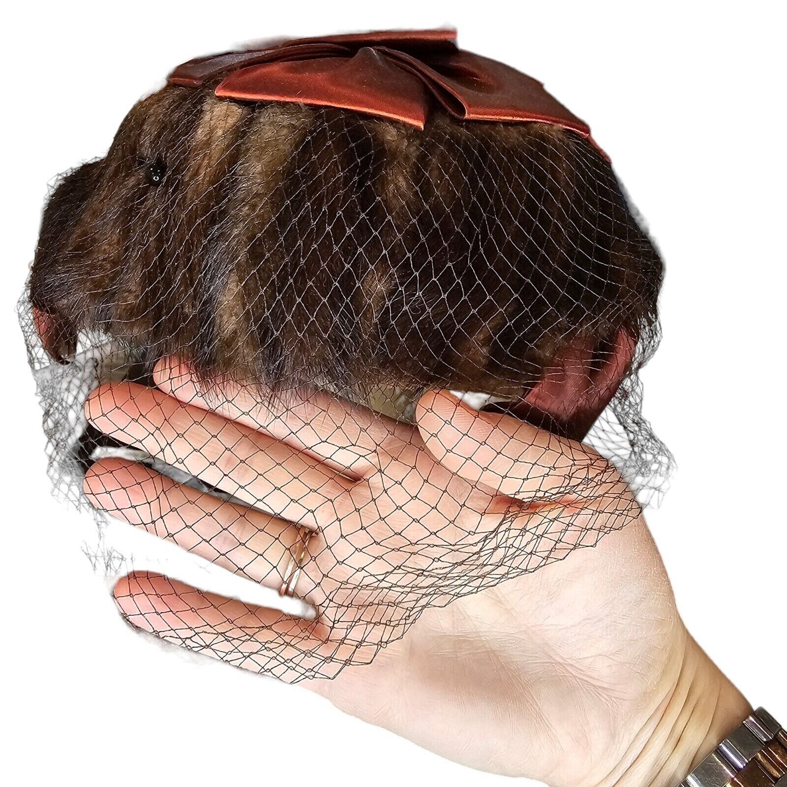 1950s Small Hat Brown‎ Fur Fabric Bow Netting Rust Orange Organza Housewife 1950s Small Hat Brown Fur Fabric Bow Netting Rust Orange  main image 3