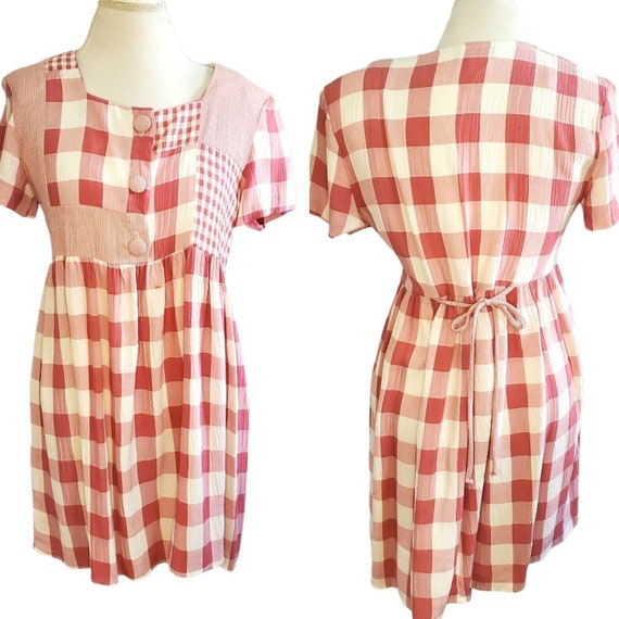 Vintage 90s Babydoll Plaid Dress Dusty Rose Pink … - image 1