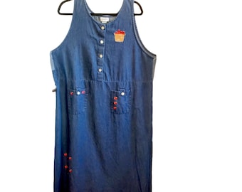 Vintage 90s Denim Maxi Teacher Dress Embroidered Apples Sz 1x 2x