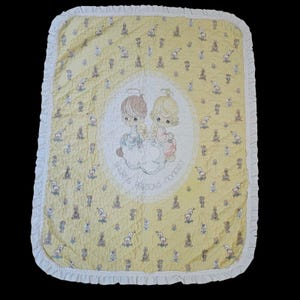 VTG Precious Moments Baby Quilt Blanket Angels Yellow Unisex Boy Girl Animals