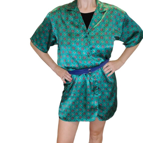 Vintage Satin Shirt Dress Mini Green Geometric Belted Size Medium Vintage Satin Shirt Dress Mini Green Geometric Belted Size Medium
