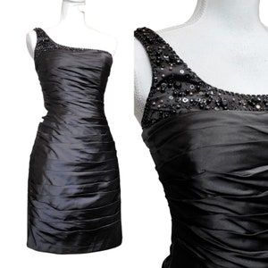 Y2K Black Satin One Shoulder Cocktail Dress Ruched Beaded LBD Sz 4 Knee Length