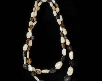VTG 60s Polished Antler Slice Abalone Shell Beaded Necklace Brown Cream 19" Coastal