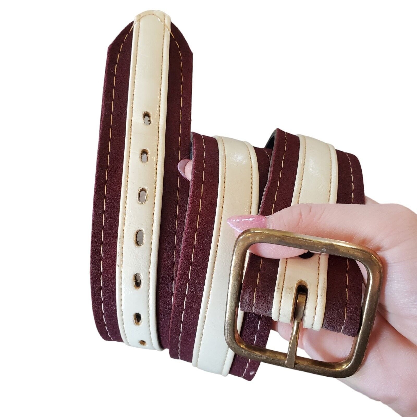 Vintage 70s 80s Vegan Leather Suede Brown Cream Brass Buckle  display picture 1