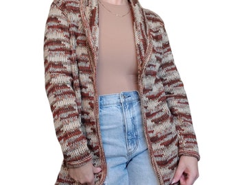 Vintage 70s Retro Open Cardigan Medium Shawl Collar Fall Rust Orange Tan