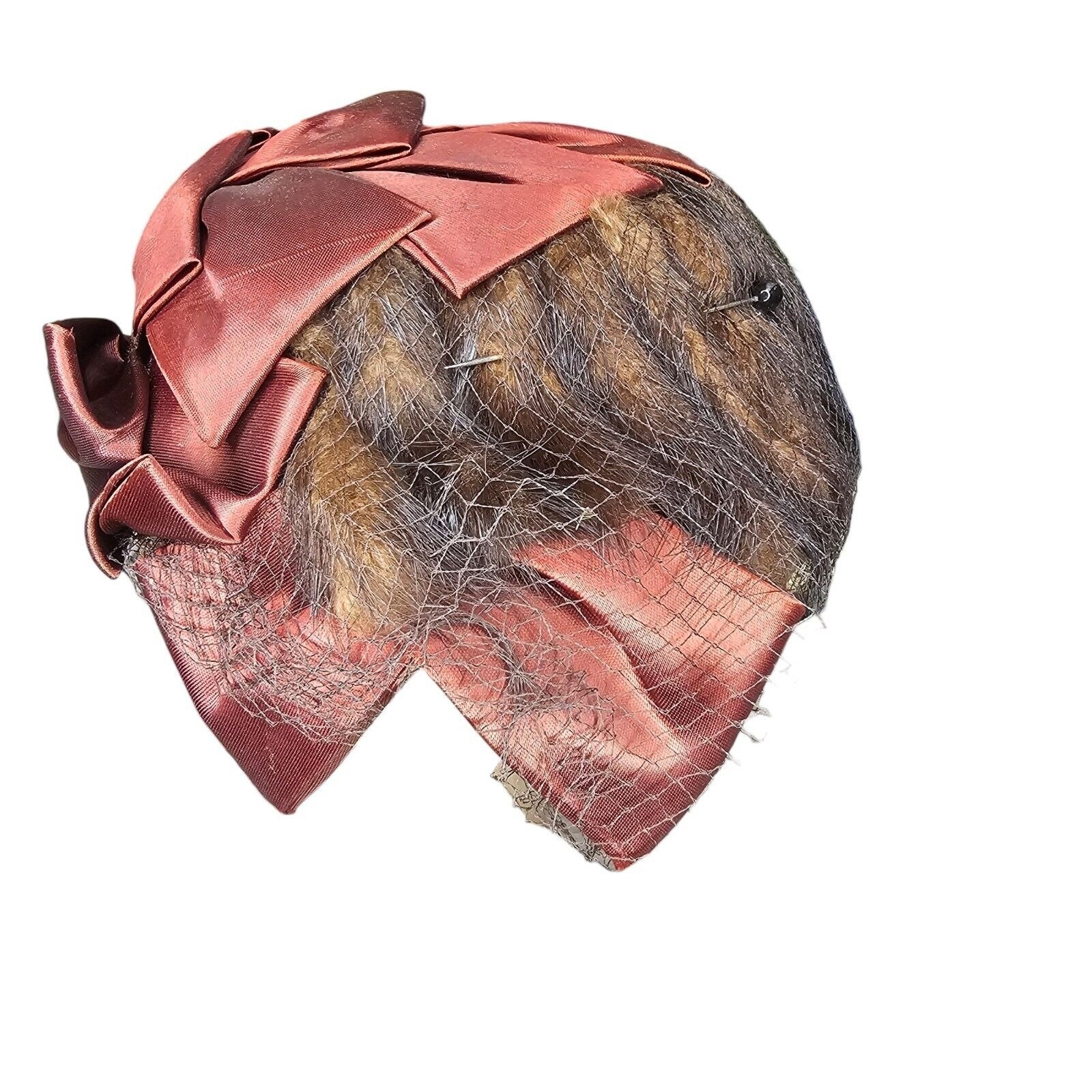 1950s Small Hat Brown‎ Fur Fabric Bow Netting Rust Orange Organza Housewife 1950s Small Hat Brown Fur Fabric Bow Netting Rust Orange  main image 2