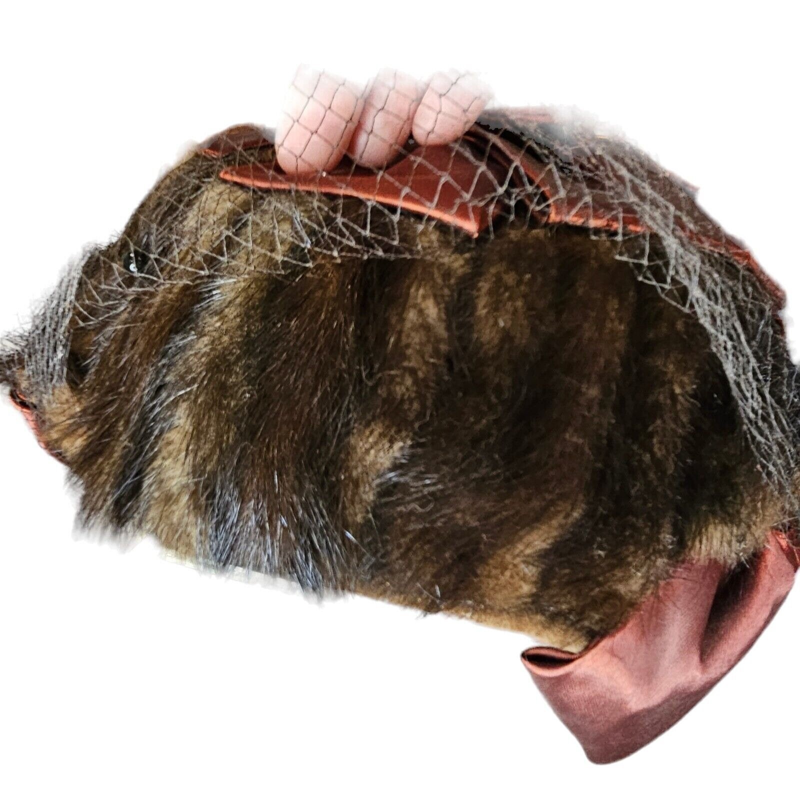 1950s Small Hat Brown Fur Fabric Bow Netting Rust Orange  display picture 1