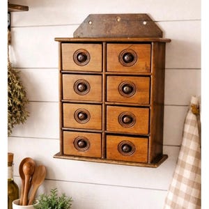 Antique Primitive Wooden Wall Spice Apothecary 8 Drawer Chest Cabinet Farmhouse