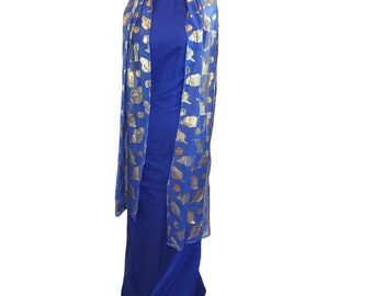 Vintage Cheongsam Dress Metallic Blue Leaf Gold Scarf Shawl XS Floor Length Gown X-small 0 2