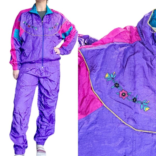 Retro 90s L Purple Tracksuit Jogger Set Nylon 2 Pc Embroidered Flowers Vintage Large Tall