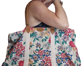 80s 90s Gitano Large Duffle Bag Tapestry Canvas Floral Leather Handles 20x13