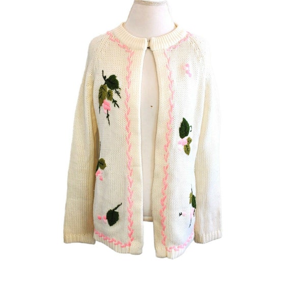 Vintage 60s White Cardigan Sweater Pink Berries Leaves Pinup