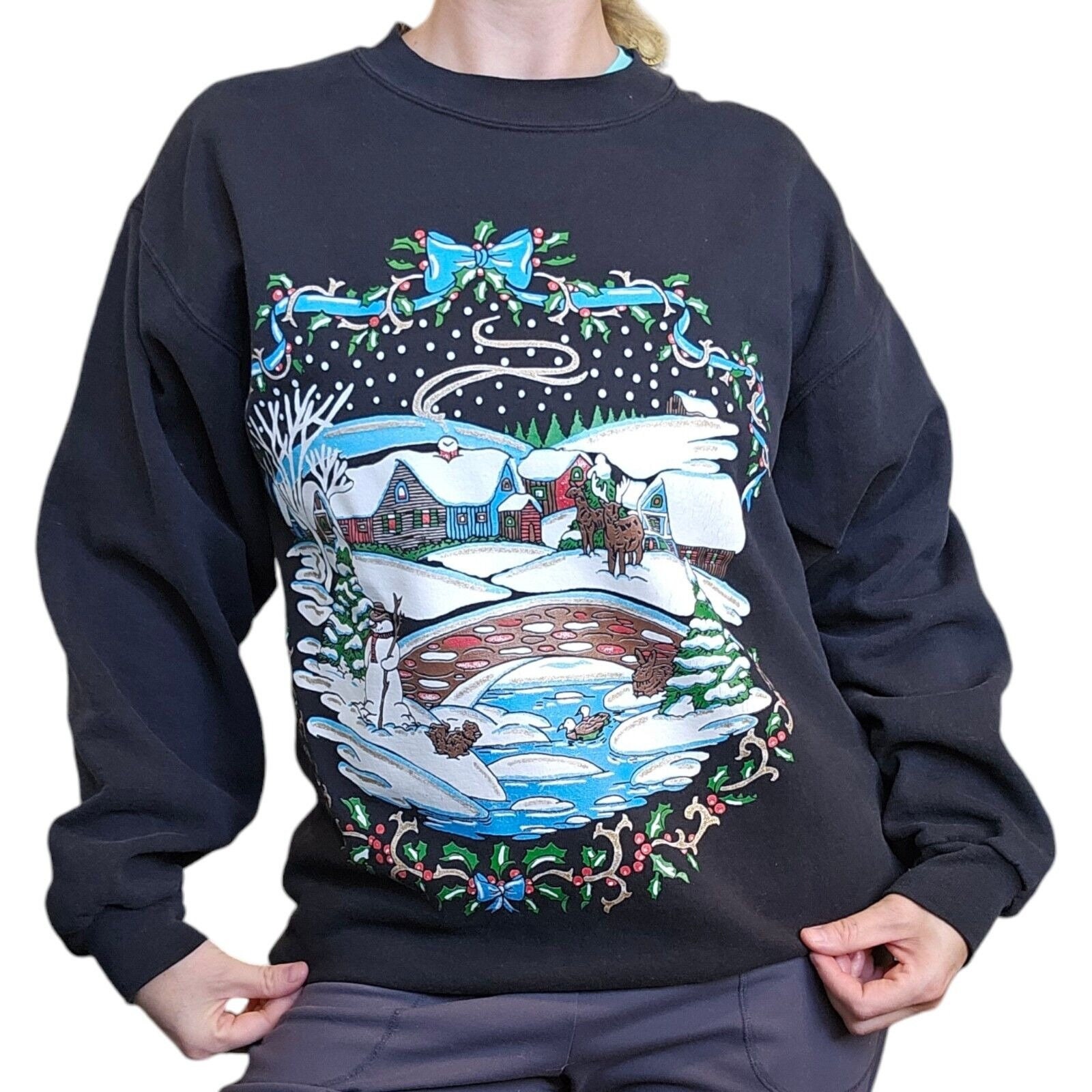 Winter Snowscape Sweatshirt Mens Medium Vintage 90s Reindeer 