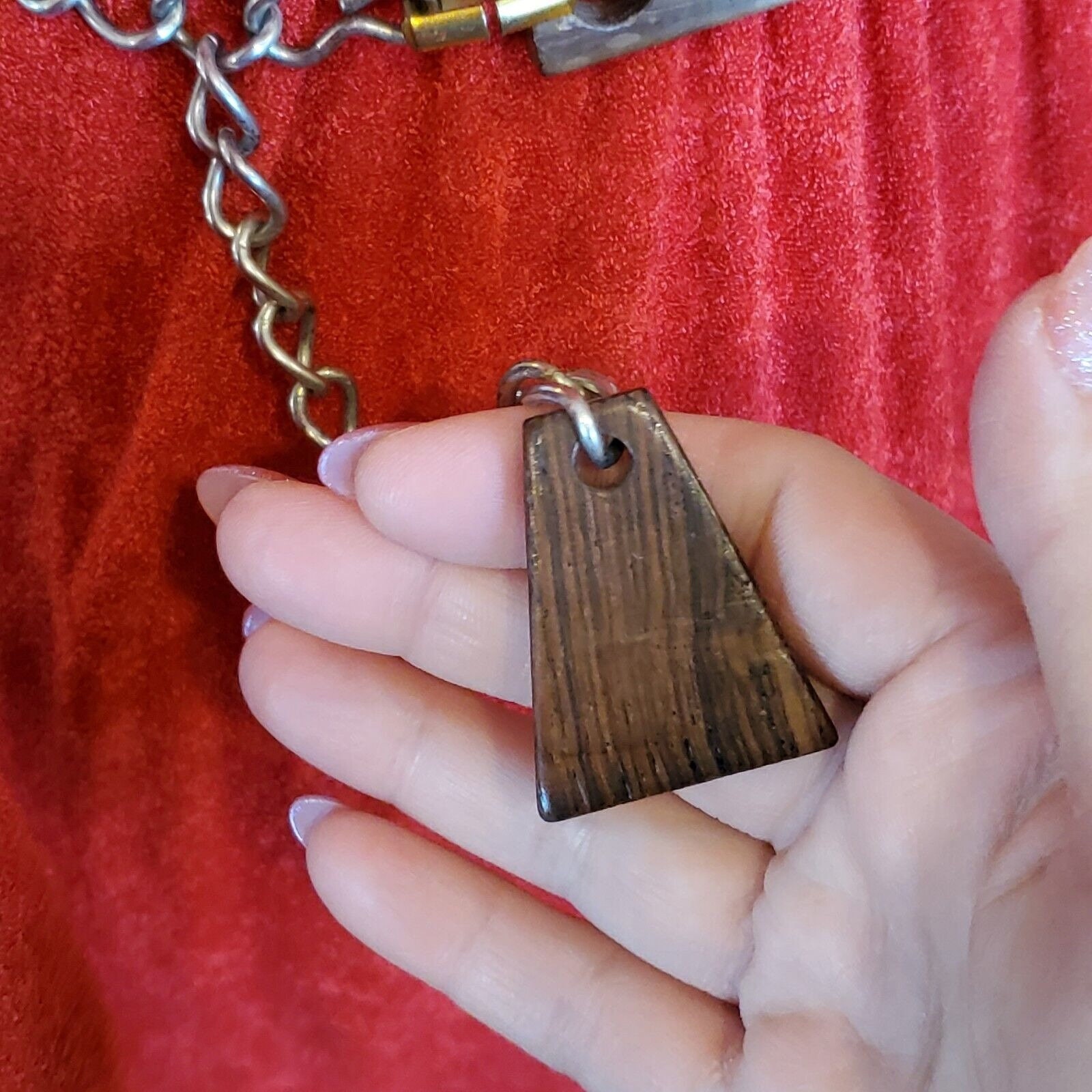 Vintage‎ 80s Faux Wood Link Waist Belt Brown Boho Geometric Brass Silver 24-31\