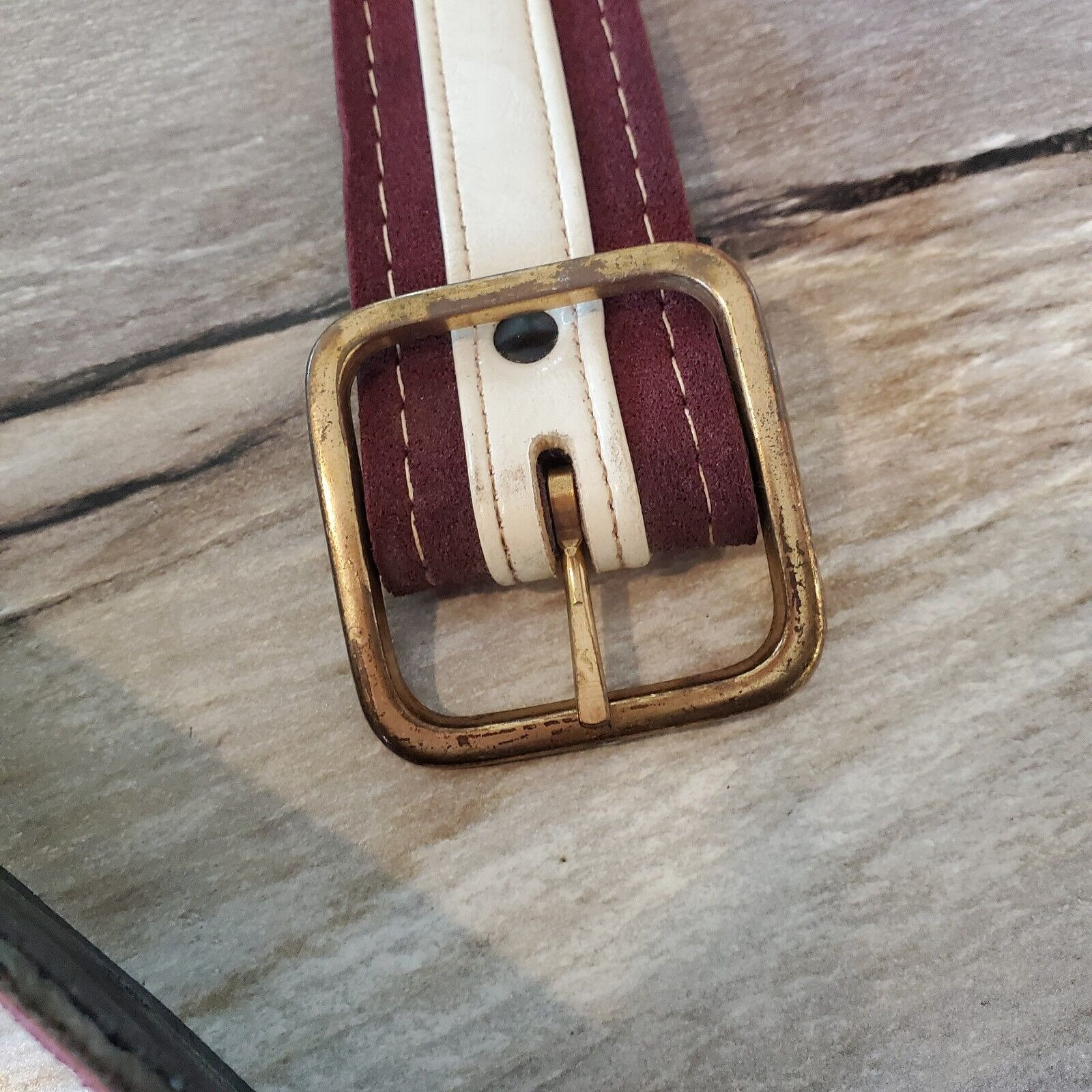 Vintage 70s 80s Vegan Leather Suede Brown Cream Brass Buckle  display picture 2