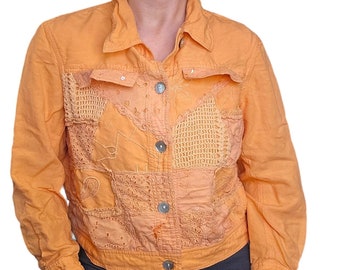 Y2K Medium Sherbert Orange Artsy Textured Jacket Linen Blend Lightweight Boho