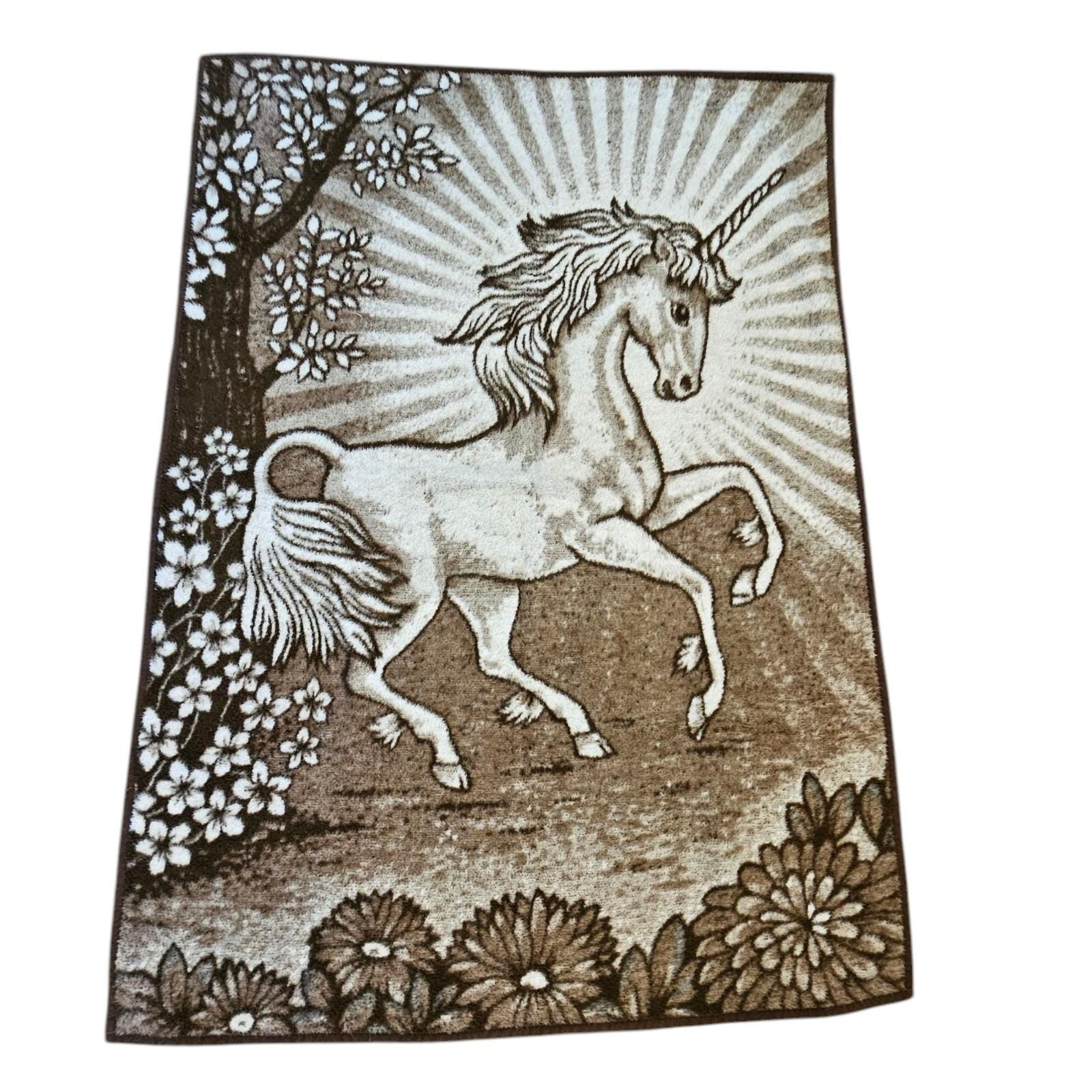 Vintage Cannon Ibena Unicorn Blanket Reversible Brown Soft Made in