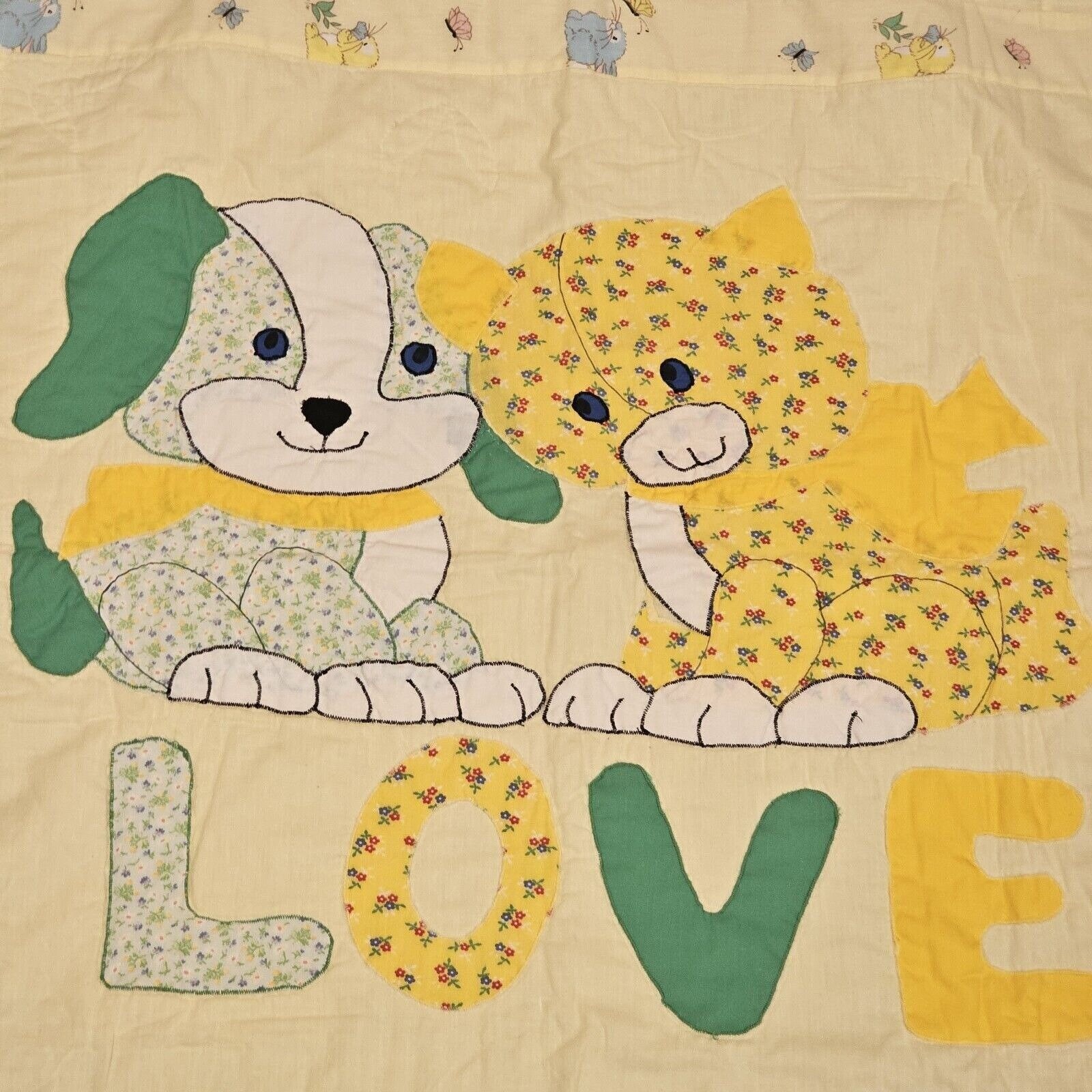 70s Retro Kitschy Dog Cat Yellow Baby Quilt Blanket Bunny