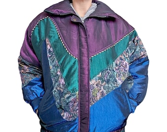 80s M Irridescent Puffer Coat Colorblock Ski Bomber Retro Floral Tapestry Purple