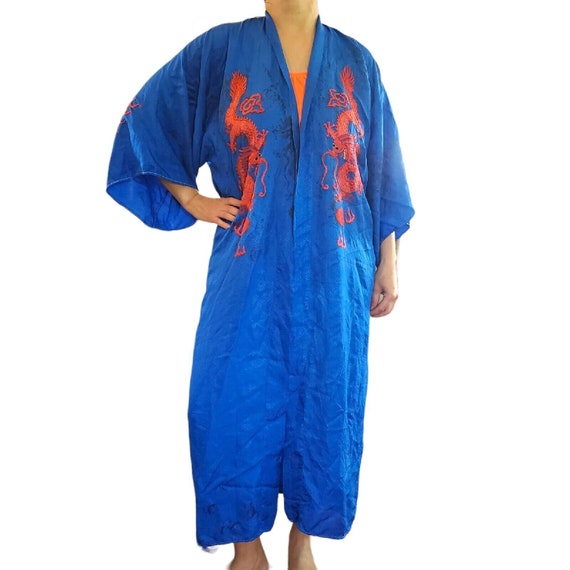 Vintage 40s Blue Satin Silk Long Kimono Duster Em… - image 2