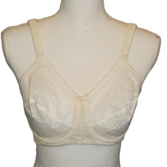 Vintage 60s Lace Floral Underwire Sheer Unlined Bullet Bra Pinup 32D White  Ivory 