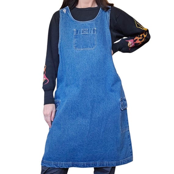 90s Womens Overall Dress Denim Jean Cargo Sz L Blue Sleeveless Teacher NWT Sz L Large